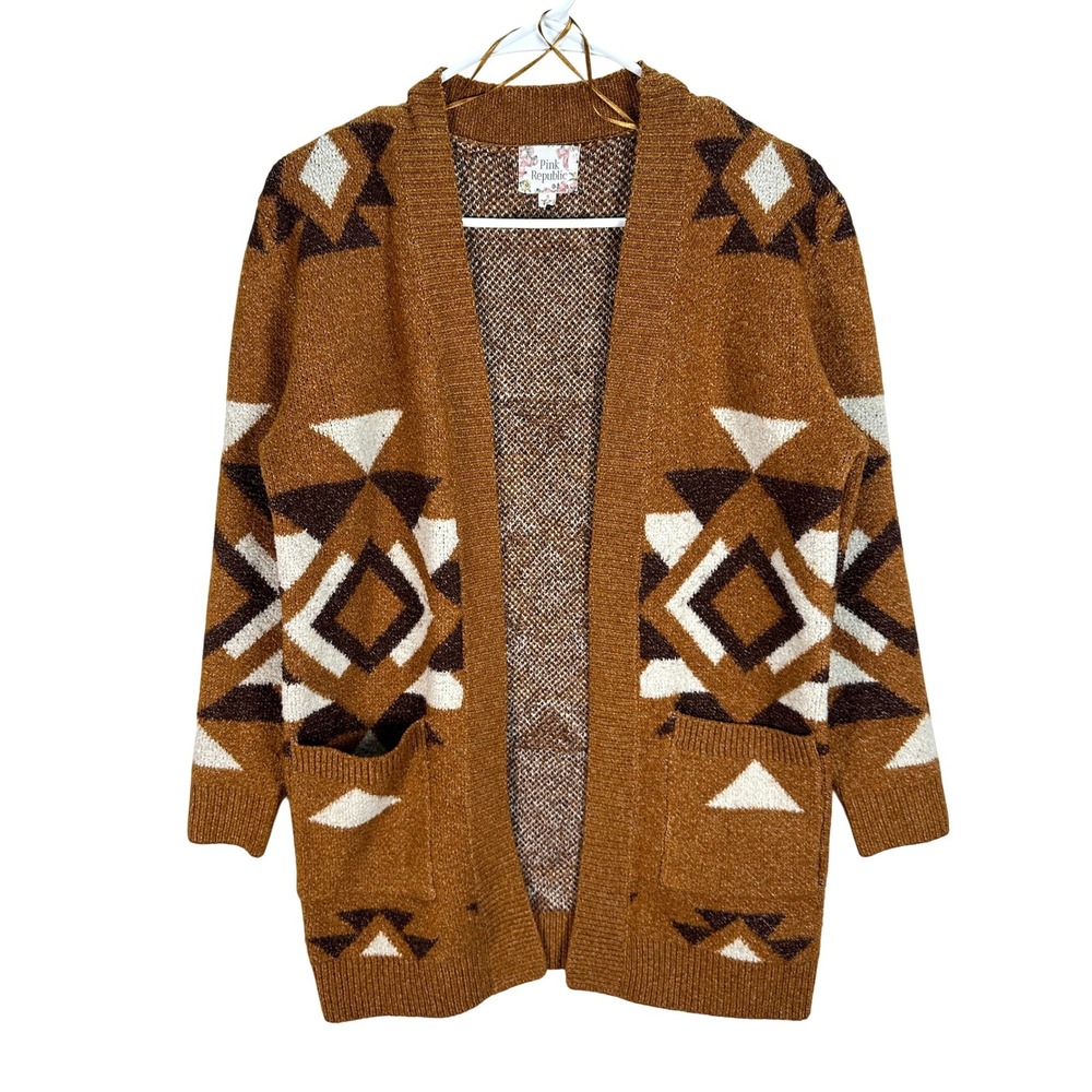 Pink Republic Cardigan Women Small Brown Aztec Geometric Open Front Boho Sweater